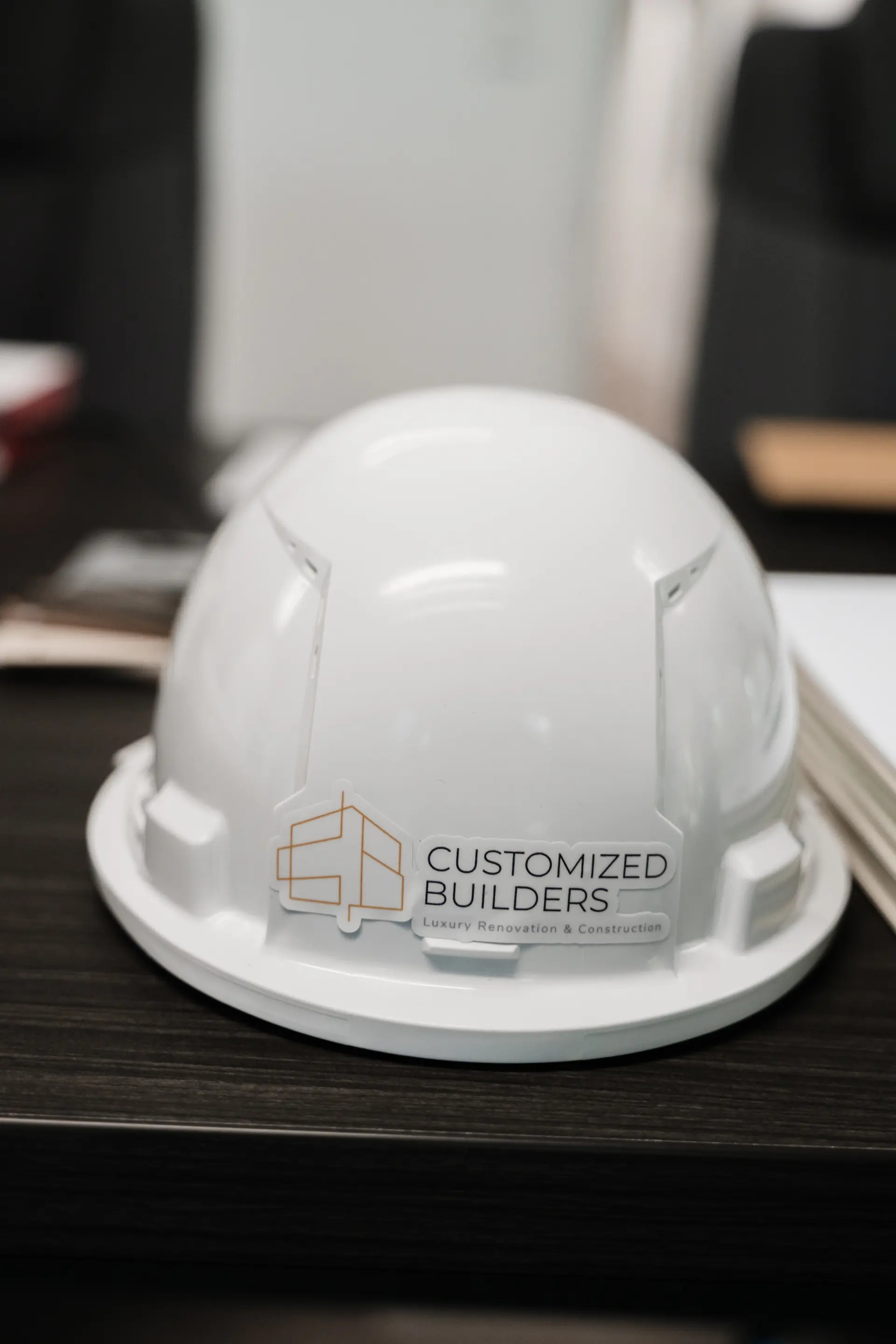 Customized Builders hard hat with the company logo